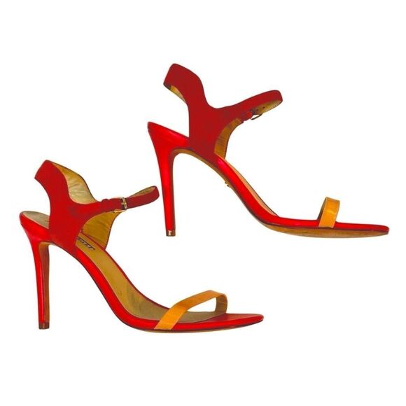 Charles David Strappy Colorblock Heels Stiletto in Red & Peach Leather 8.5 - Picture 4 of 11